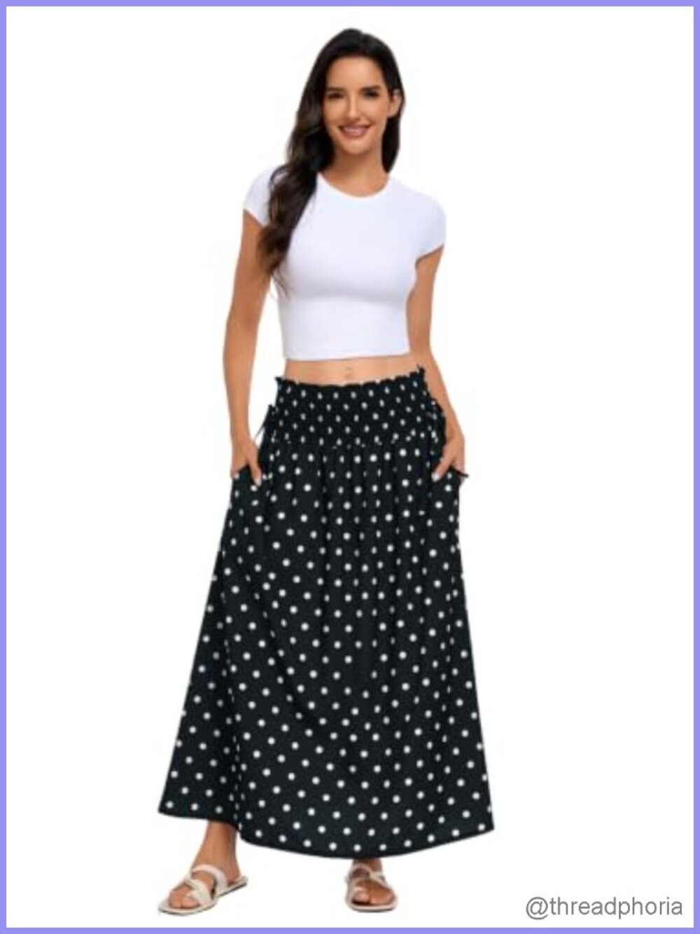 Womens Polka Dot Smocked Maxi Skirt Flowy Boho A-Line Vacation - Picture 4 of 6
